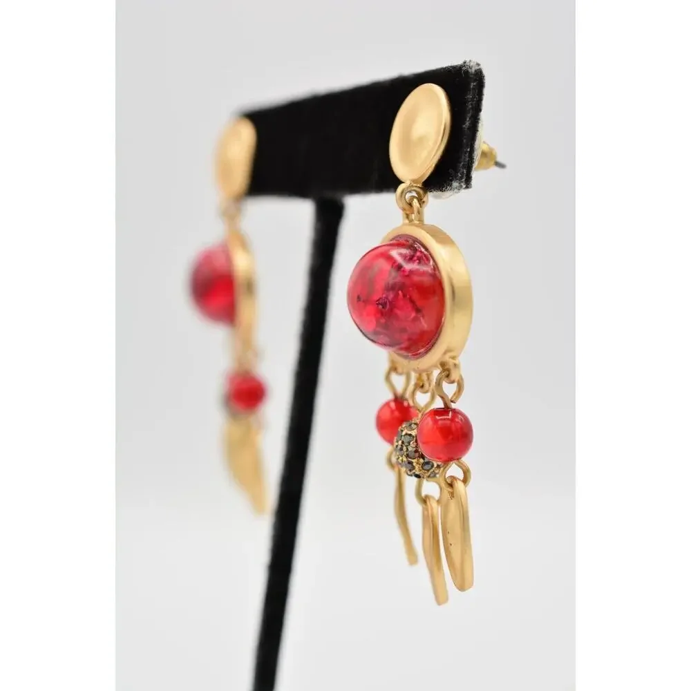 Statement Cabochon Dangle Earrings Red Lucite Brushed Gold Black Rhinestone 9L